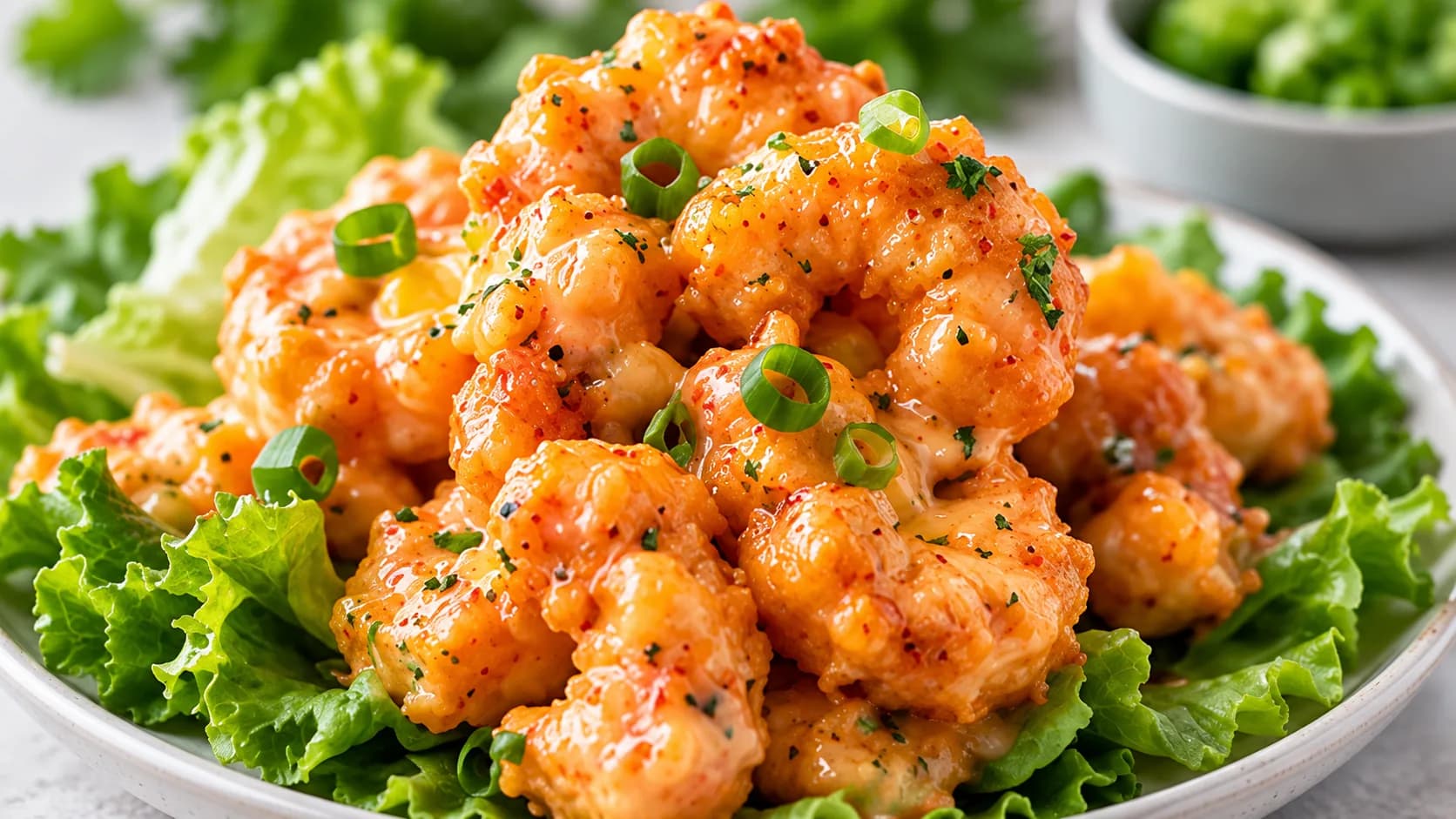 Crisp sauced shrimp with scallions over greens